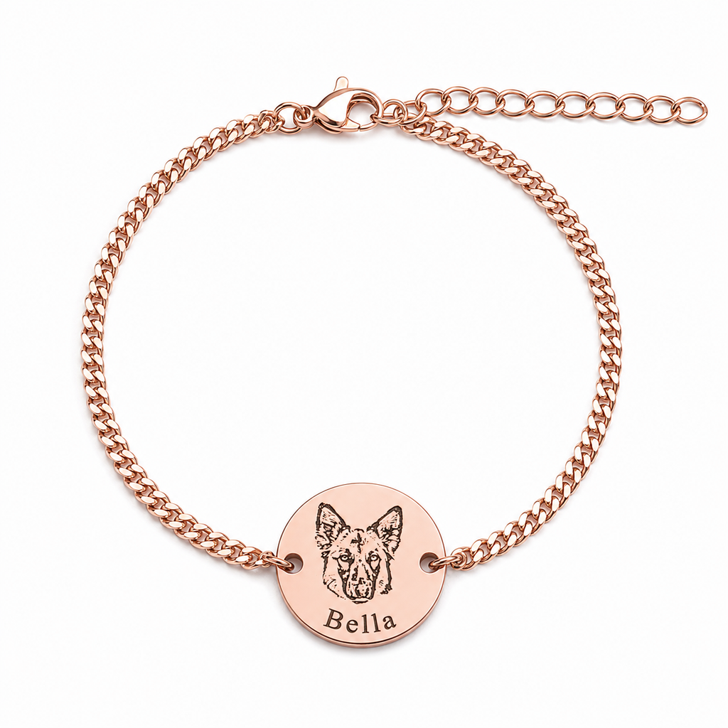 Roségoldenes Armband mit graviertem Hundeporträt und dem Namen Bella
