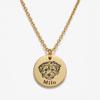 Vergoldete Kette mit graviertem Hundeporträt und dem Namen Milo