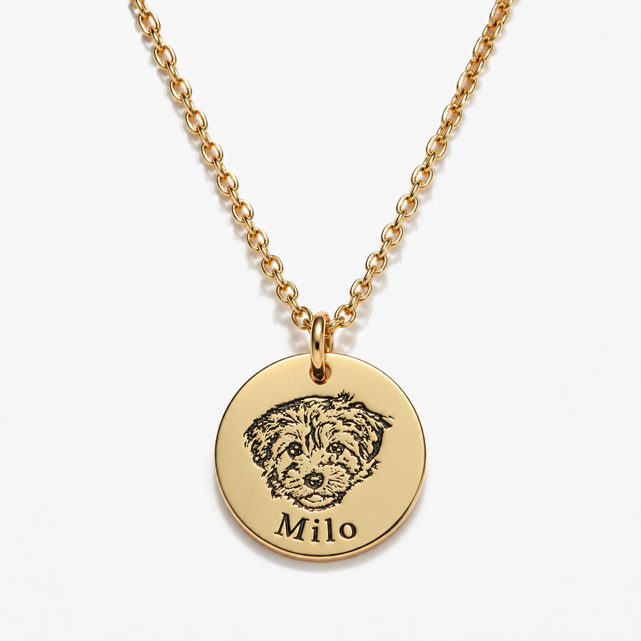 Vergoldete Kette mit graviertem Hundeporträt und dem Namen Milo