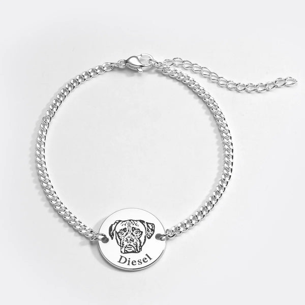 Silbernes Armband mit graviertem Hundeporträt und Namen